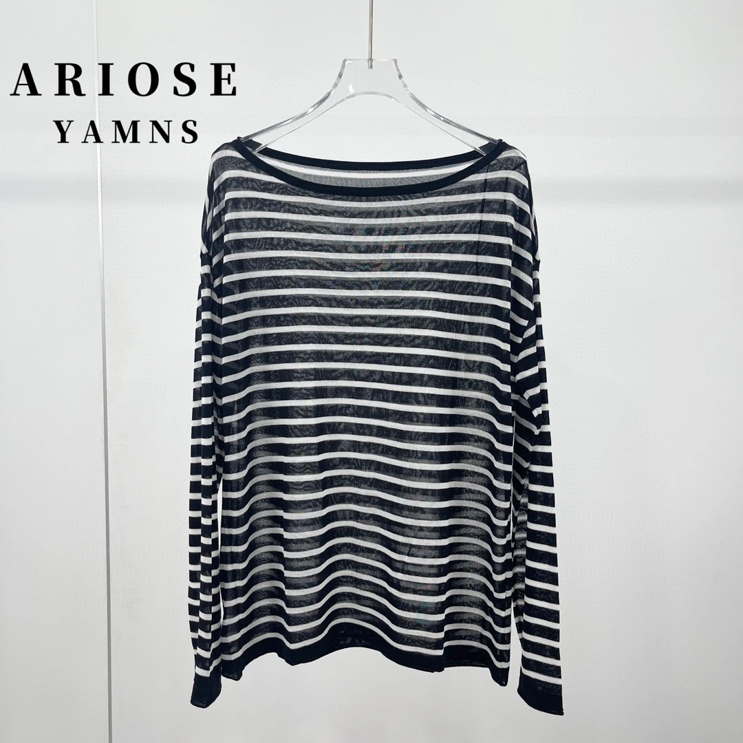 艾诺丝商场同款毛衣薄款简约落肩时尚女装条纹圆领衫毛针织衫