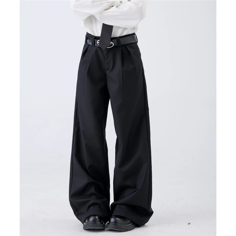 美式高级美式打褶阔腿通勤休闲弯刀裤子西裤男女宽松黑色裤男生