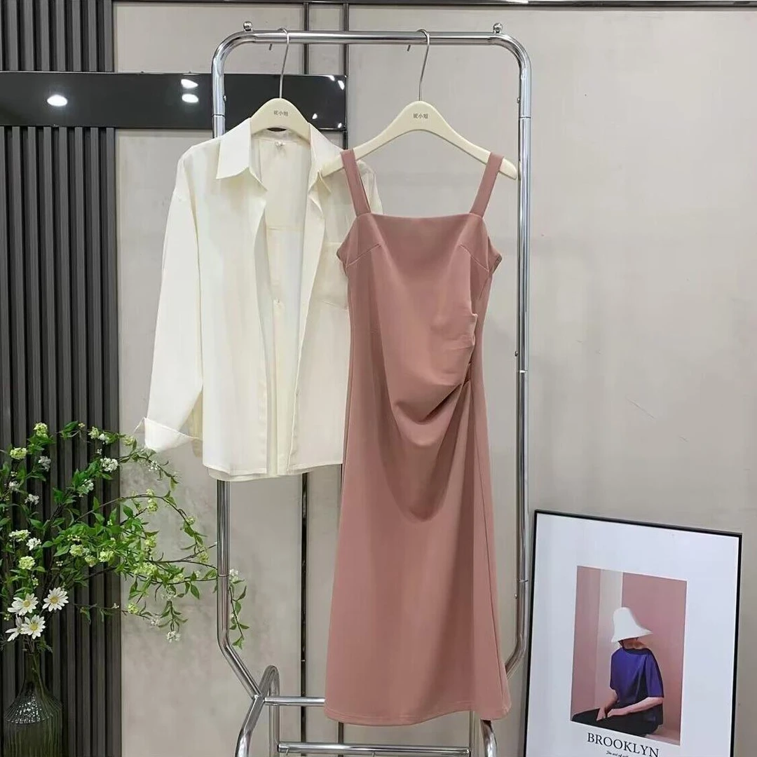 大码早春法式粉色吊带连衣裙夏季胖mm显瘦气质外搭衬衫两件套裙女