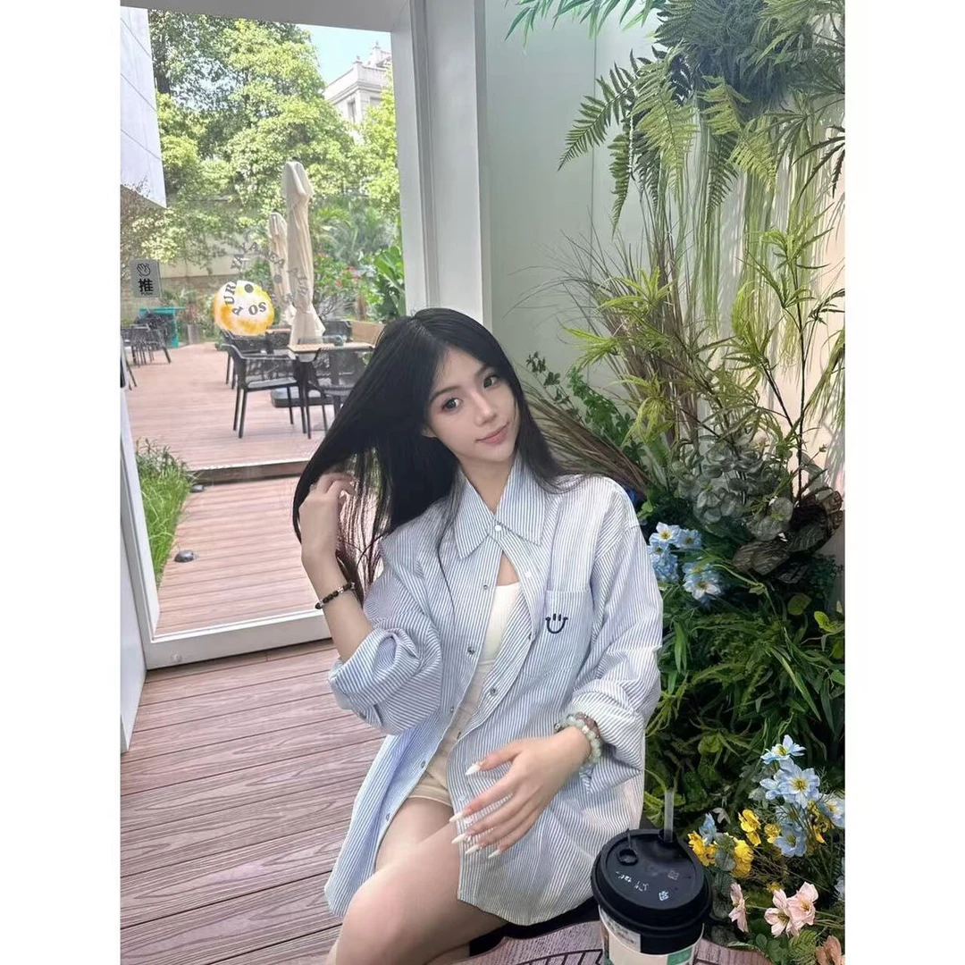 美式条纹情侣长袖衬衫女春季潮牌宽松笑脸刺绣衬衣学院风休闲外套