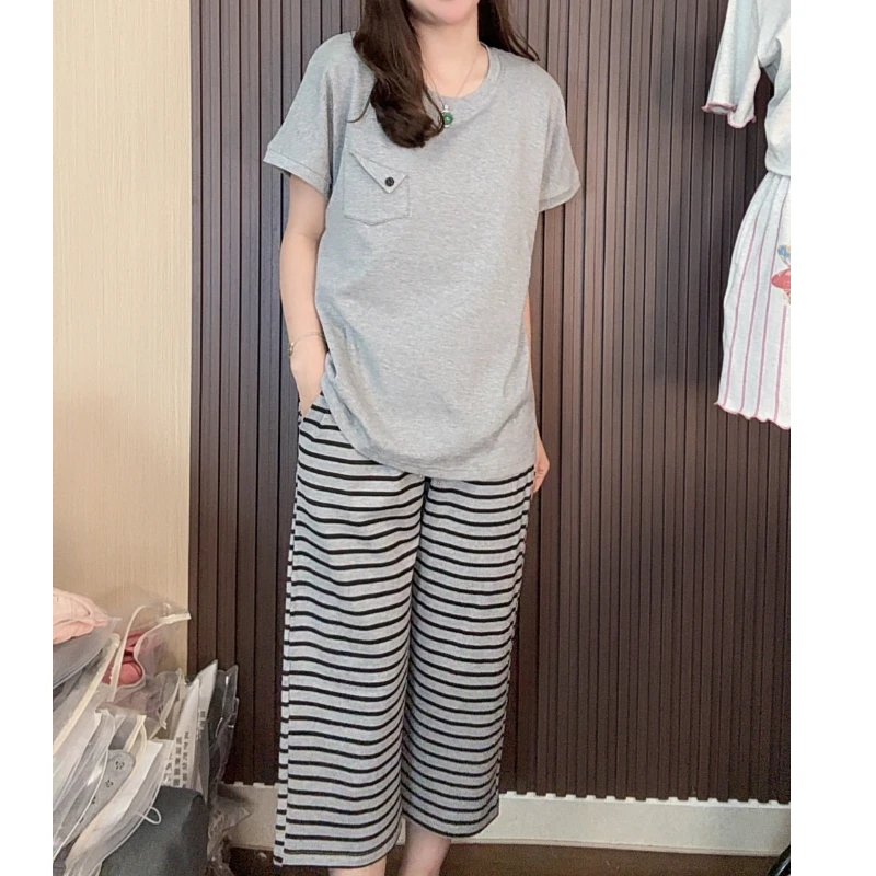 睡衣女夏款纯棉短袖八分裤韩版可外穿家居服套装（不规则口袋）
