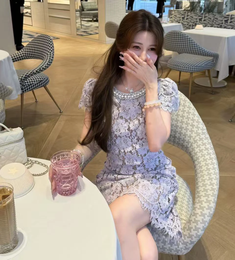 夏季丁香紫重工钉珠钻饰蕾丝气质短袖连衣裙