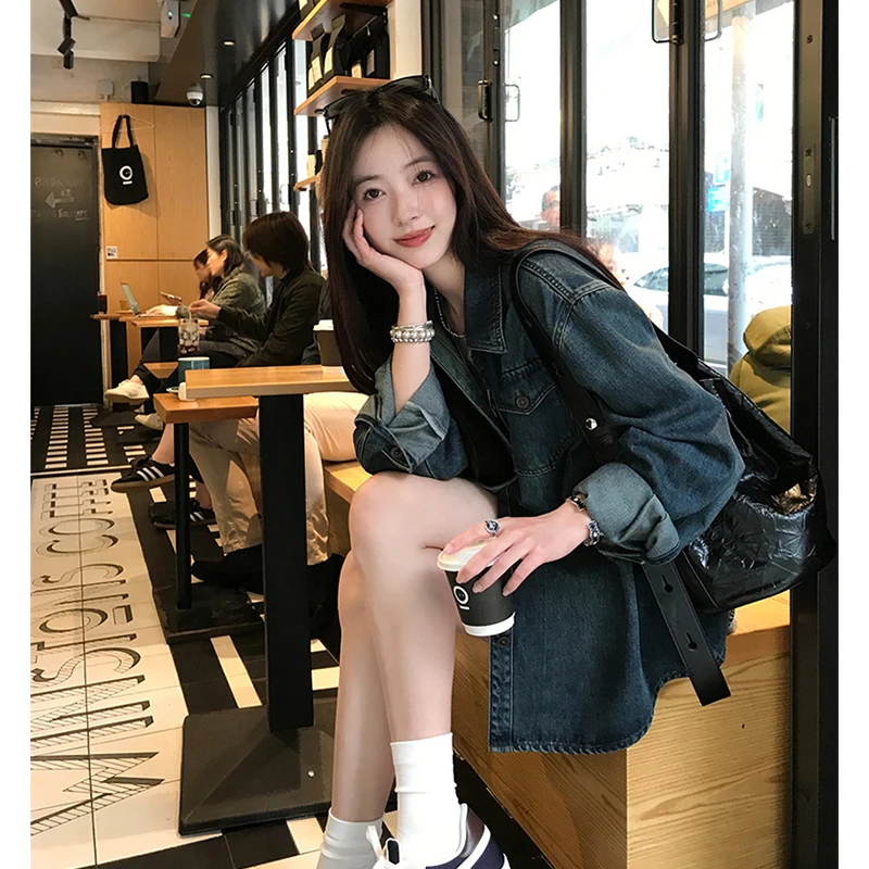 高级感复古蓝长袖牛仔衬衫薄外套女2025春秋韩版显瘦叠穿夹克上衣