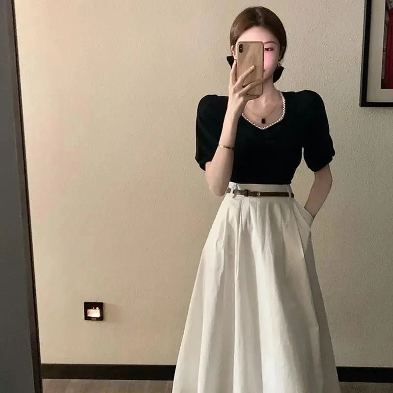 2025夏季赫本风气质套装裙短袖显瘦高腰法式