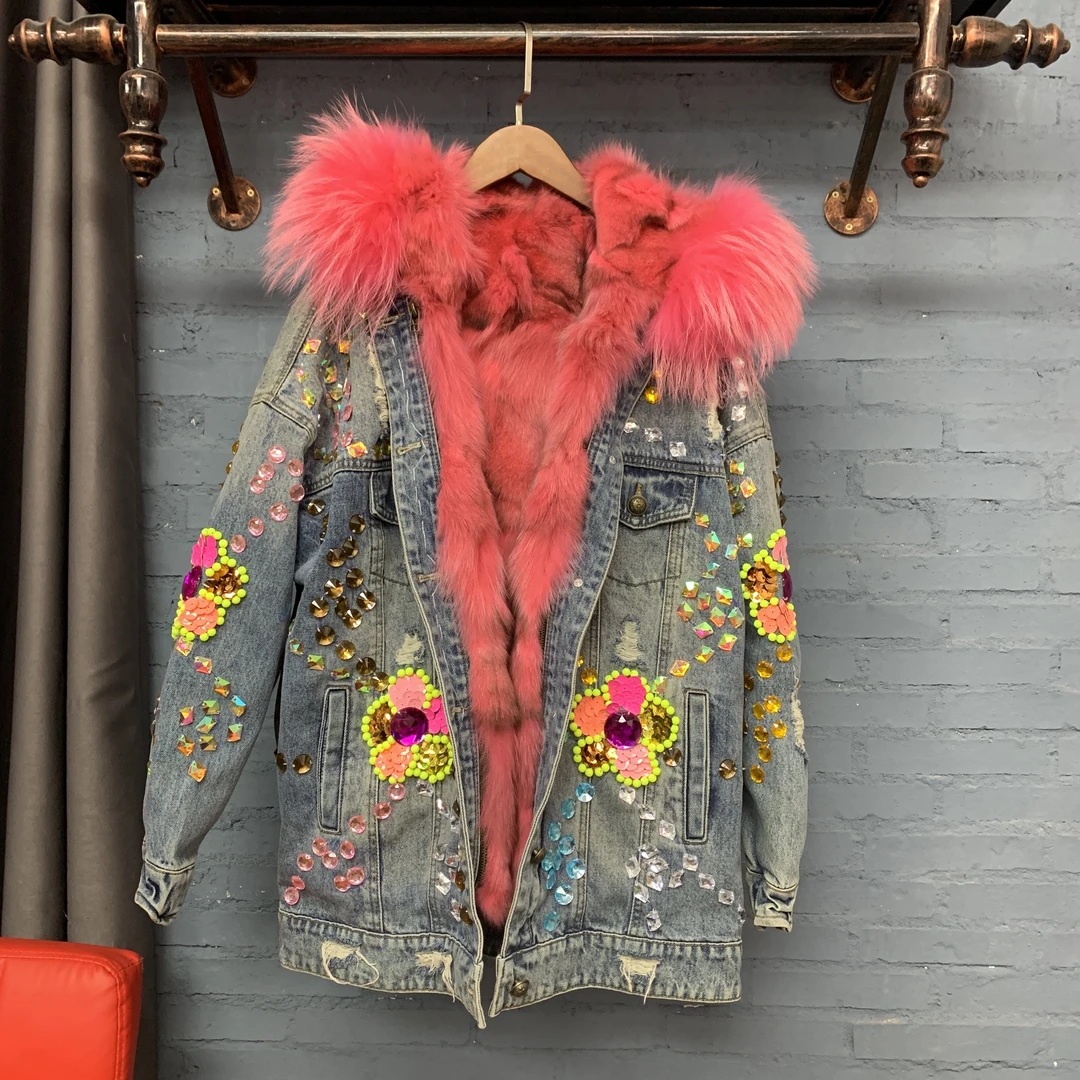 新款手工满钻西瓜红草草牛仔外套