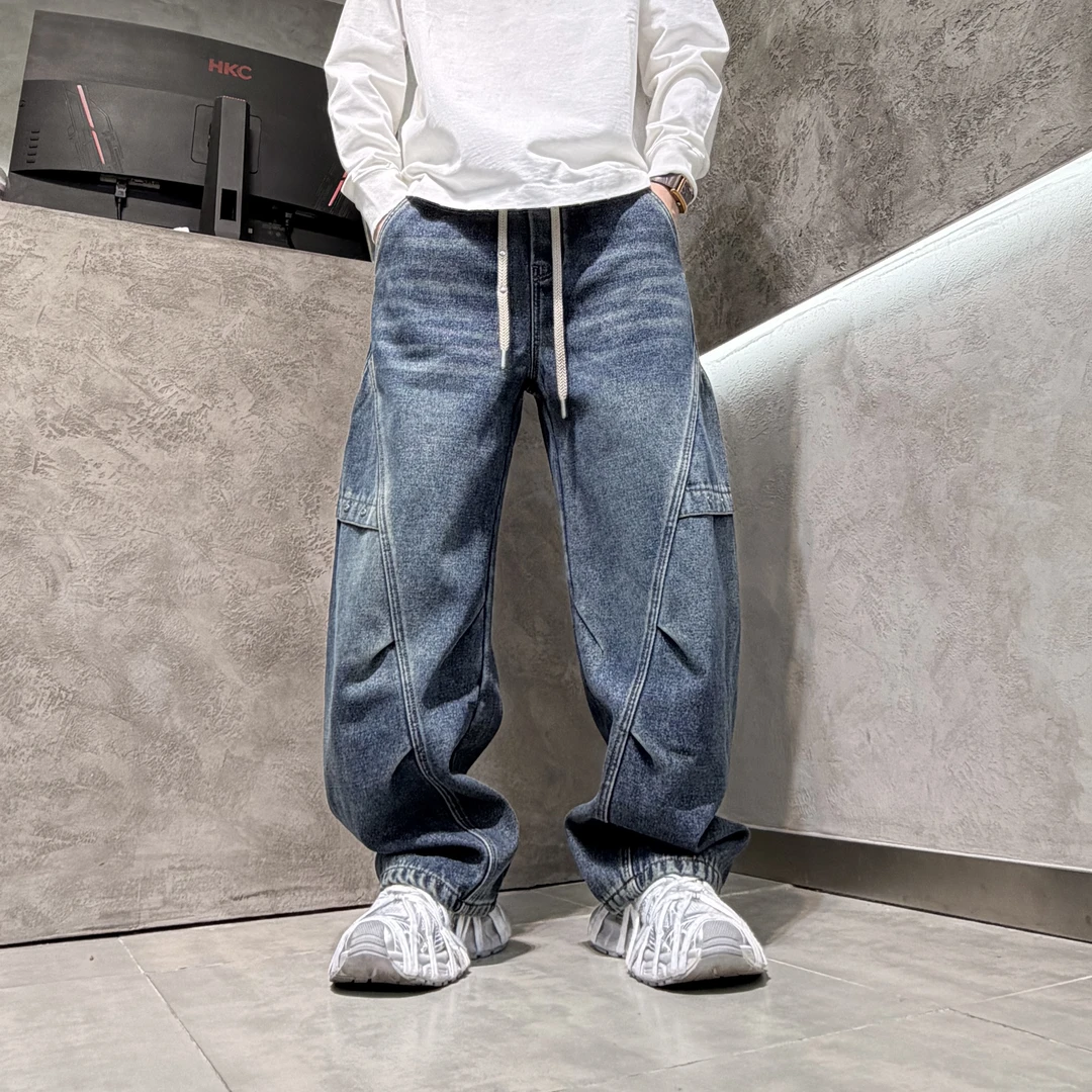 冬季简约款男士直筒加绒牛仔裤美式百搭复古高街宽松休闲做旧长裤