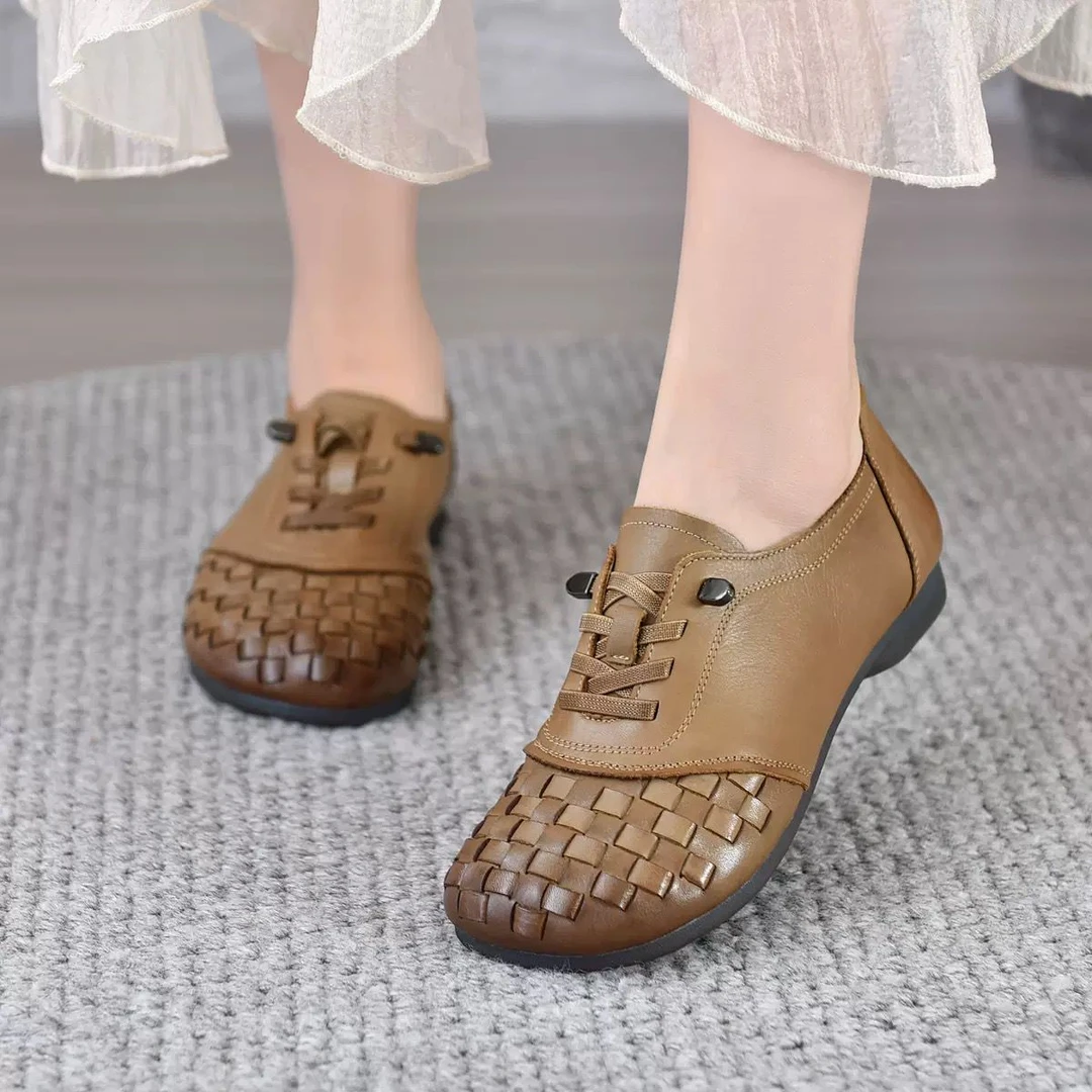 文艺复古真皮编织女鞋2025秋季新款头层牛皮系带软底软面妈妈单鞋