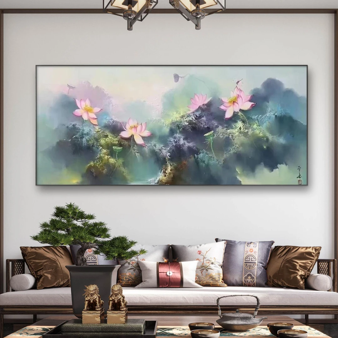 《荷塘胜景II》纯手绘油画印象派客厅沙发背景新中式现代简约风挂画