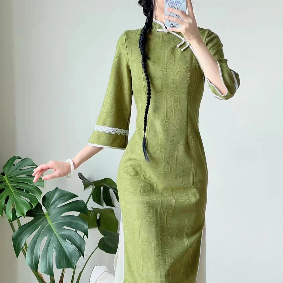 （绿赫）假两件倒大袖长旗袍日常斜襟旗袍中国风少女春夏新中式秋款