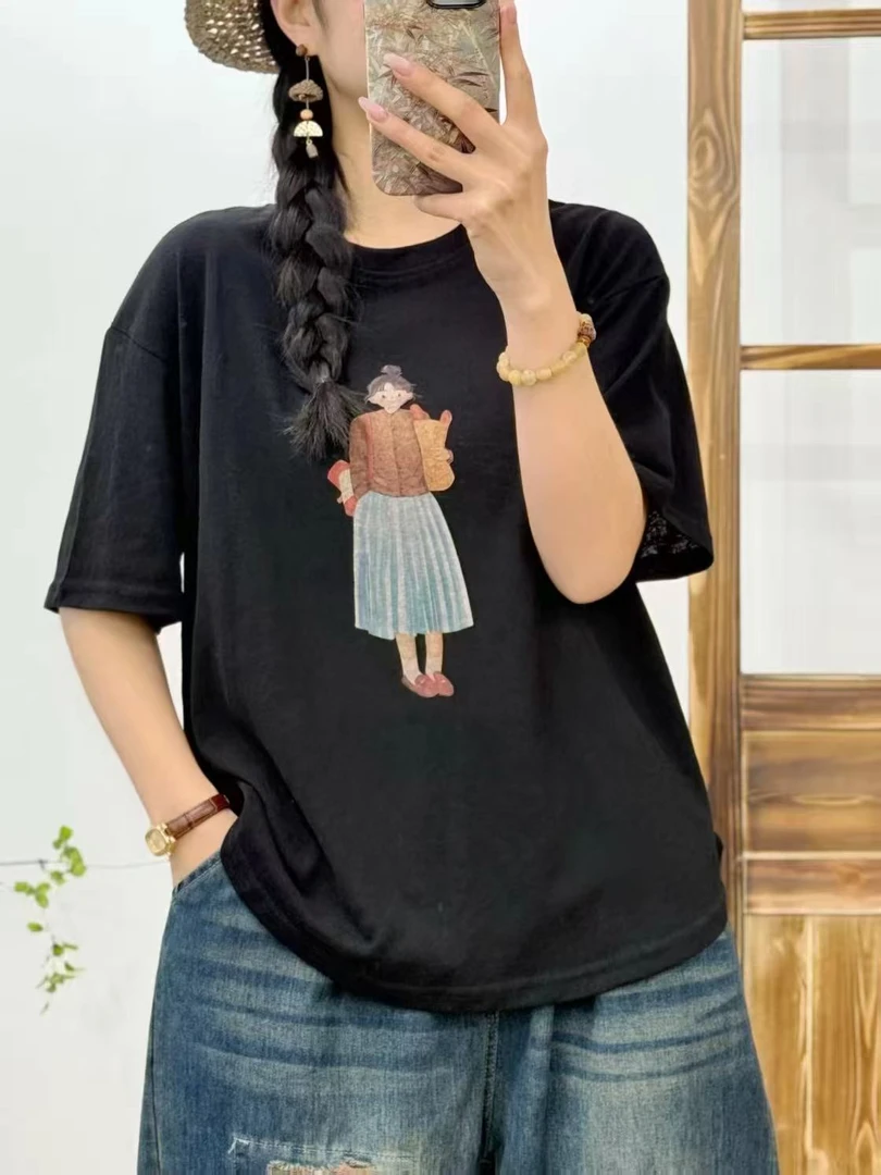 2025夏季简约百搭时尚休闲舒适棉麻宽松圆领半袖T恤