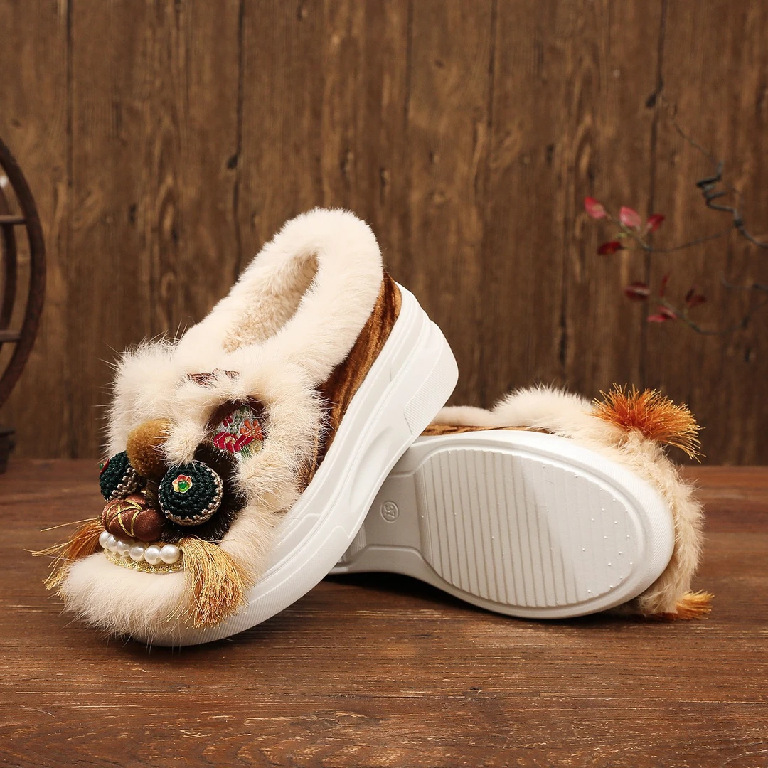 厚底棉鞋增高低帮民族风冬季新款绣花虎头鞋子软底保暖老北京布鞋