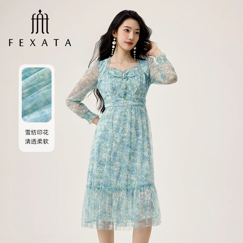【媛媛女王严选】FEXATA斐格思花朵浪漫油画风印花网纱连衣裙F41T01