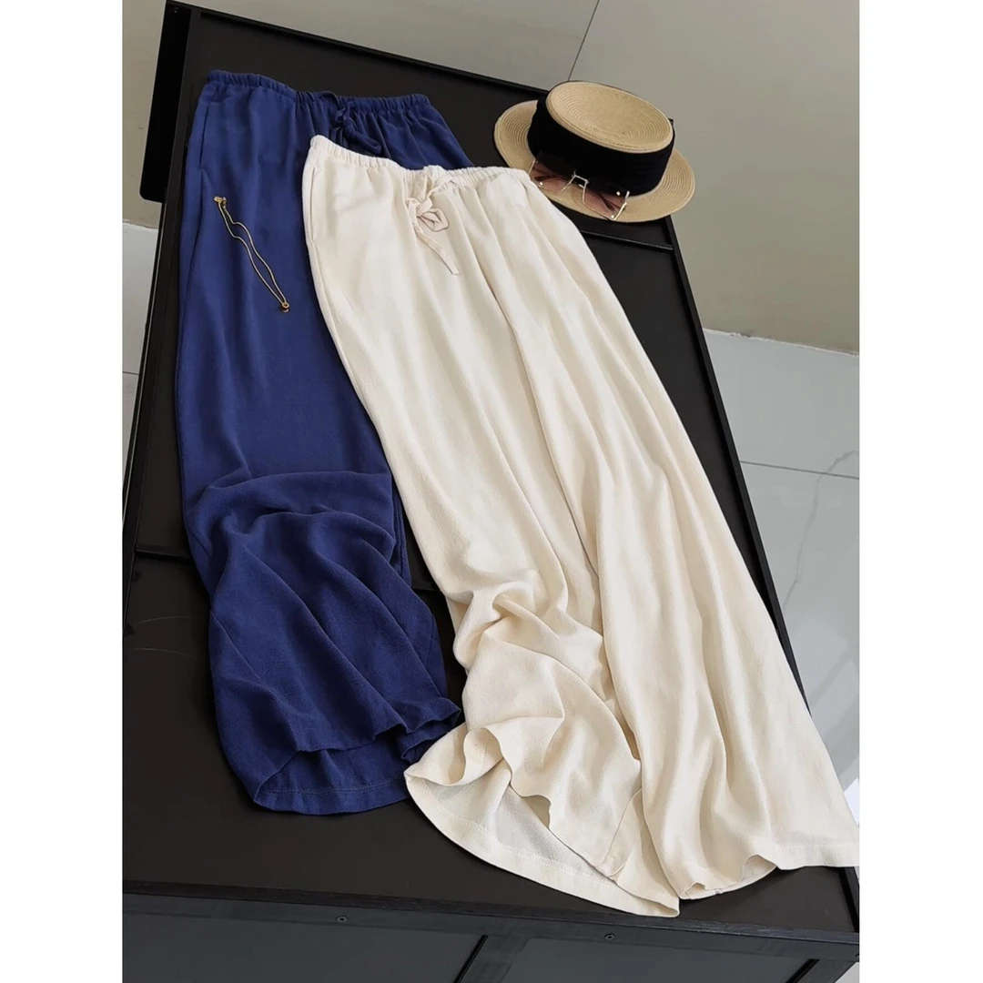 棉+麻 垂感纯色基础休闲百搭阔腿裤松紧腰休闲裤