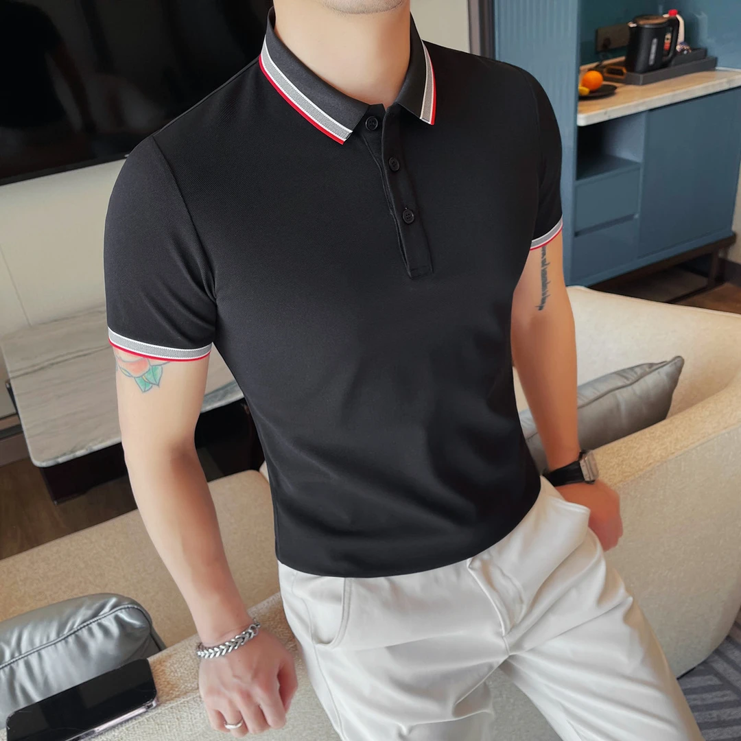 撞色翻领男士短袖polo衫商务休闲修身透气冰丝潮流高级感T恤上衣