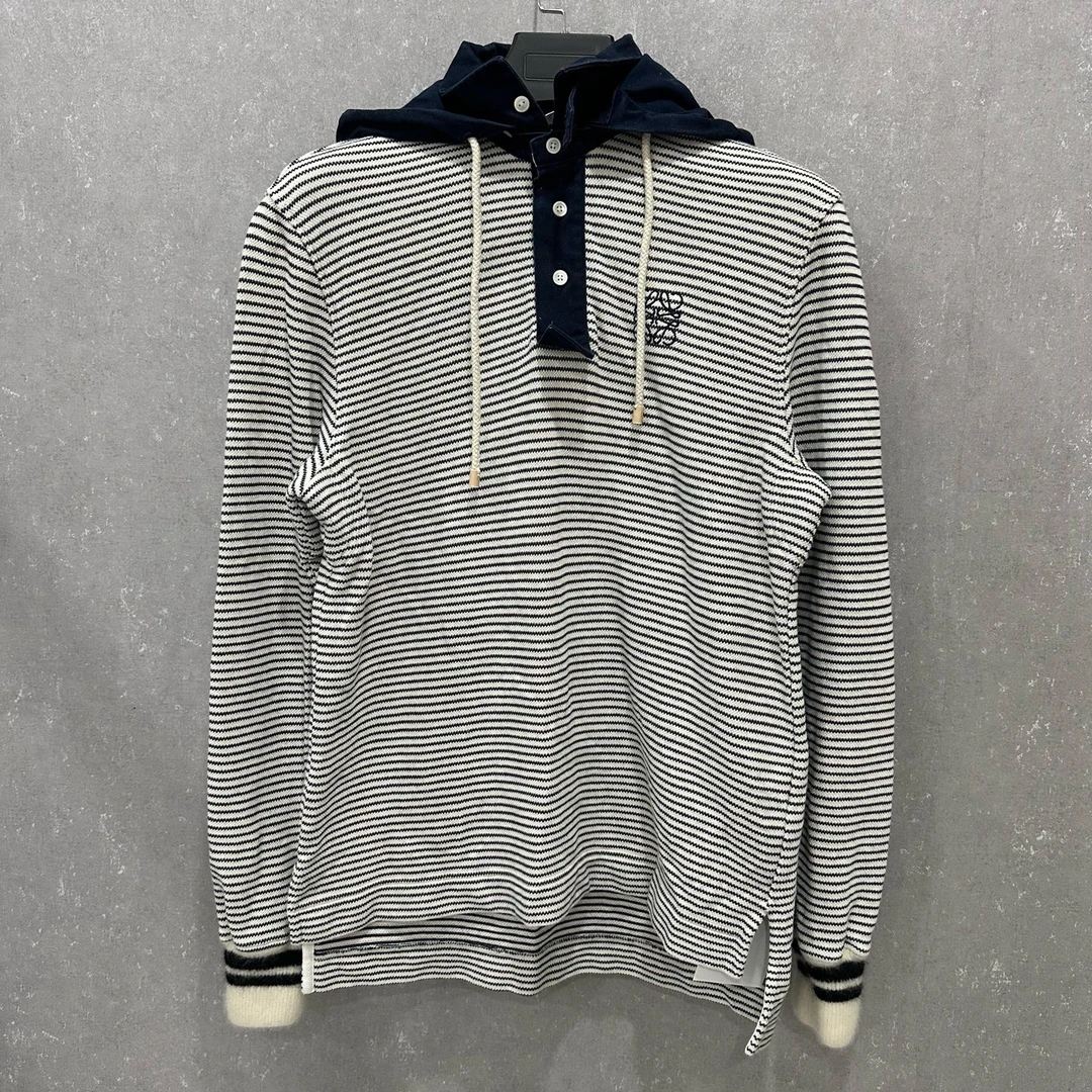 95新 LOEWE/罗意威 可拆卸连帽黑白横条纹针织卫衣 XS码/006240