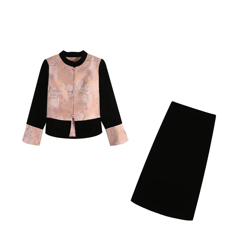 周周-新中式气质拼接上衣显瘦丝绒半身裙套装半裙两件套ZL100453