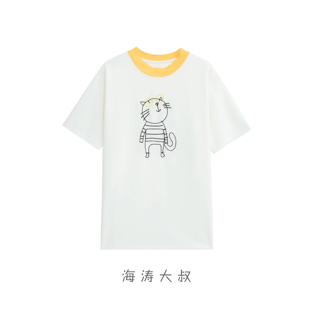 【海涛大叔】撞色领卡通猫磨毛圆领短袖 N211542
