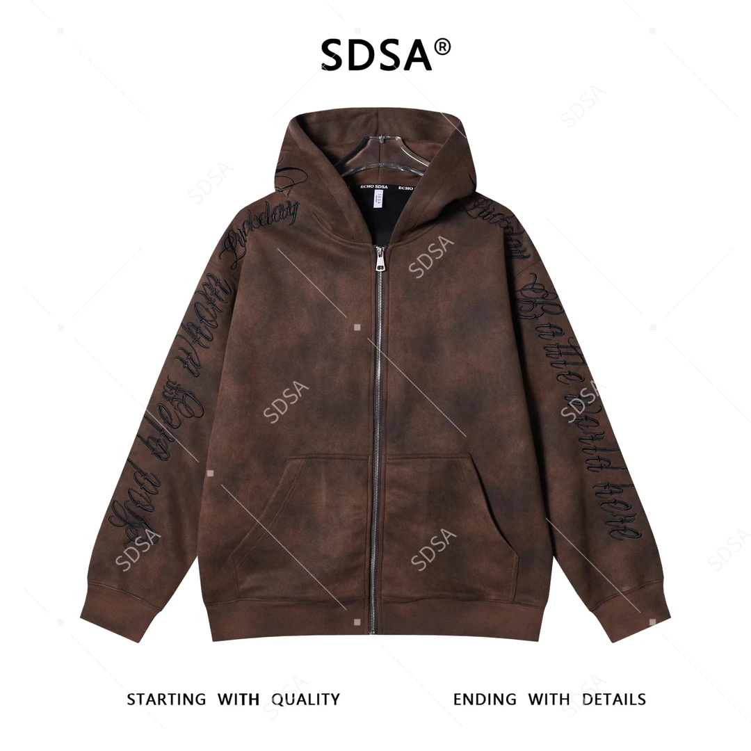 SDSA男士秋冬新款痞帅男装美式扎染撞色刺绣字母拉链连帽卫衣百搭