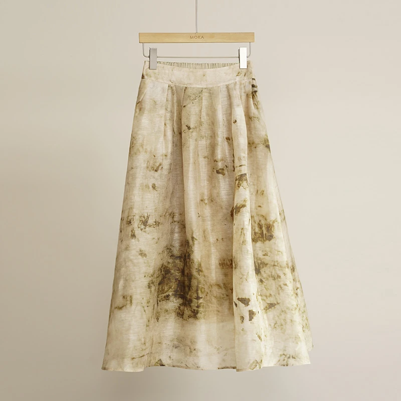 亚麻蚕丝印花轻盈透气A型女士半裙（250233）2454