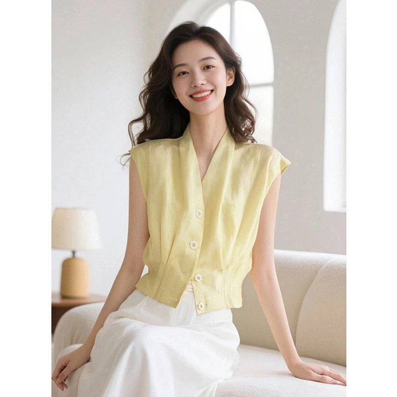【新品】2025夏上衣V领莱赛尔无袖衬衫女25031703