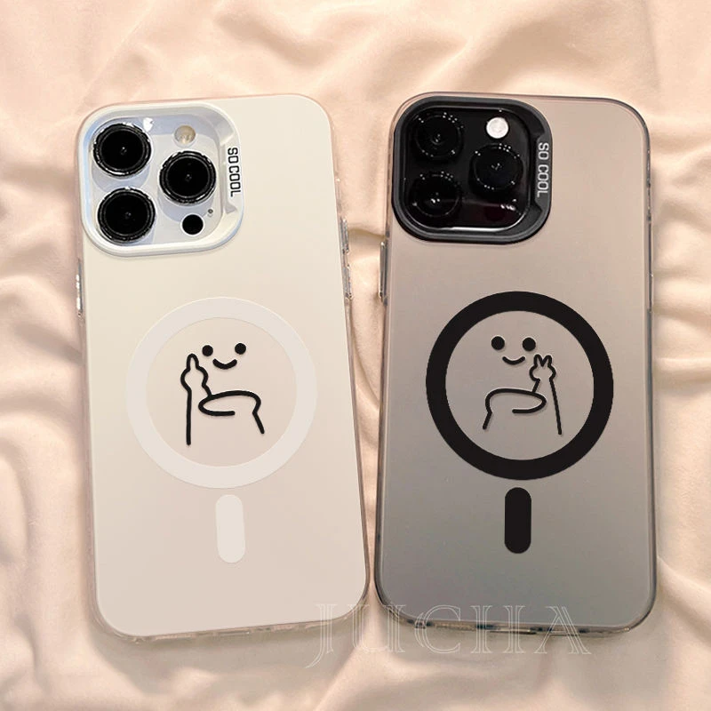 中指手势适用苹果16pro手机壳卡通情侣华为mate70简约小米15磁吸