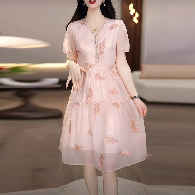 莱赛尔天丝知性风衣服2025夏季新款时尚温婉减龄气质粉色连衣裙子