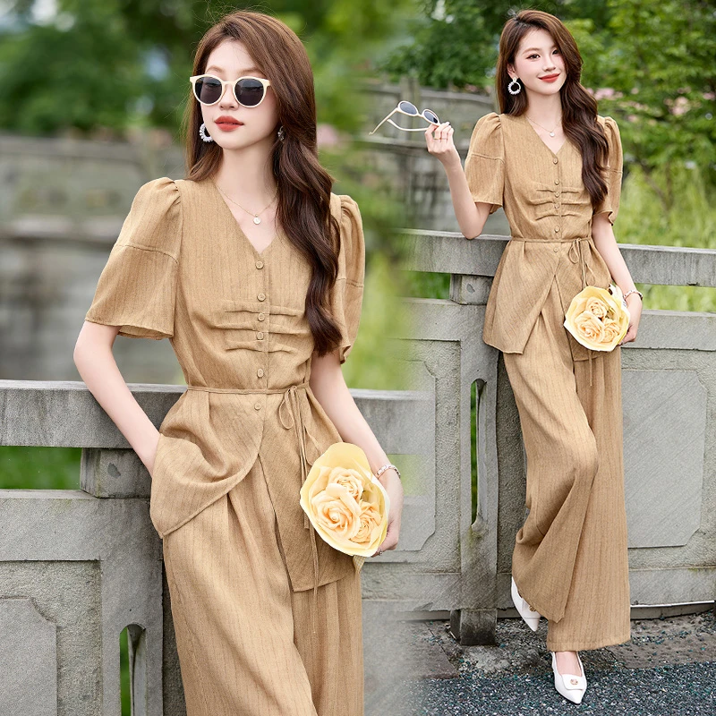 休闲时尚职业套装女2024夏季新款设计感气质高腰垂感阔腿裤两件套