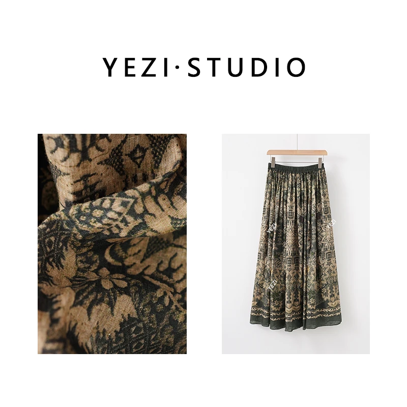 【松花酿酒】植物图谱亚麻复古重工印花墨染半裙25233031