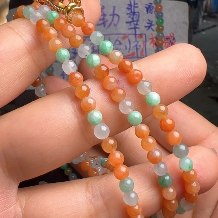 定制翡翠未镶嵌4.0mm红翡米珠长项链