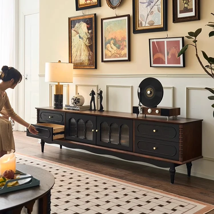 法式复古实木电视柜客厅家用收纳储物柜中古靠墙一体落地电视机柜