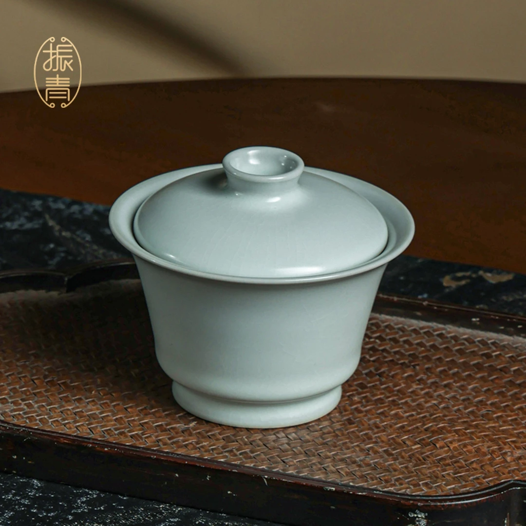 汝窑马蹄盖碗茶杯单个青瓷景德镇两才泡茶碗陶瓷中式茶具礼品高档