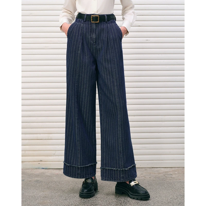 条纹提花大褶裥阔腿牛仔裤