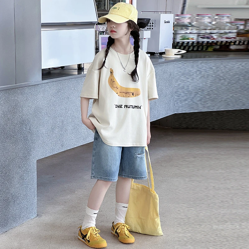 女童套装夏装2025新款洋气9儿童纯棉短袖t恤女大童夏天短裤两件套