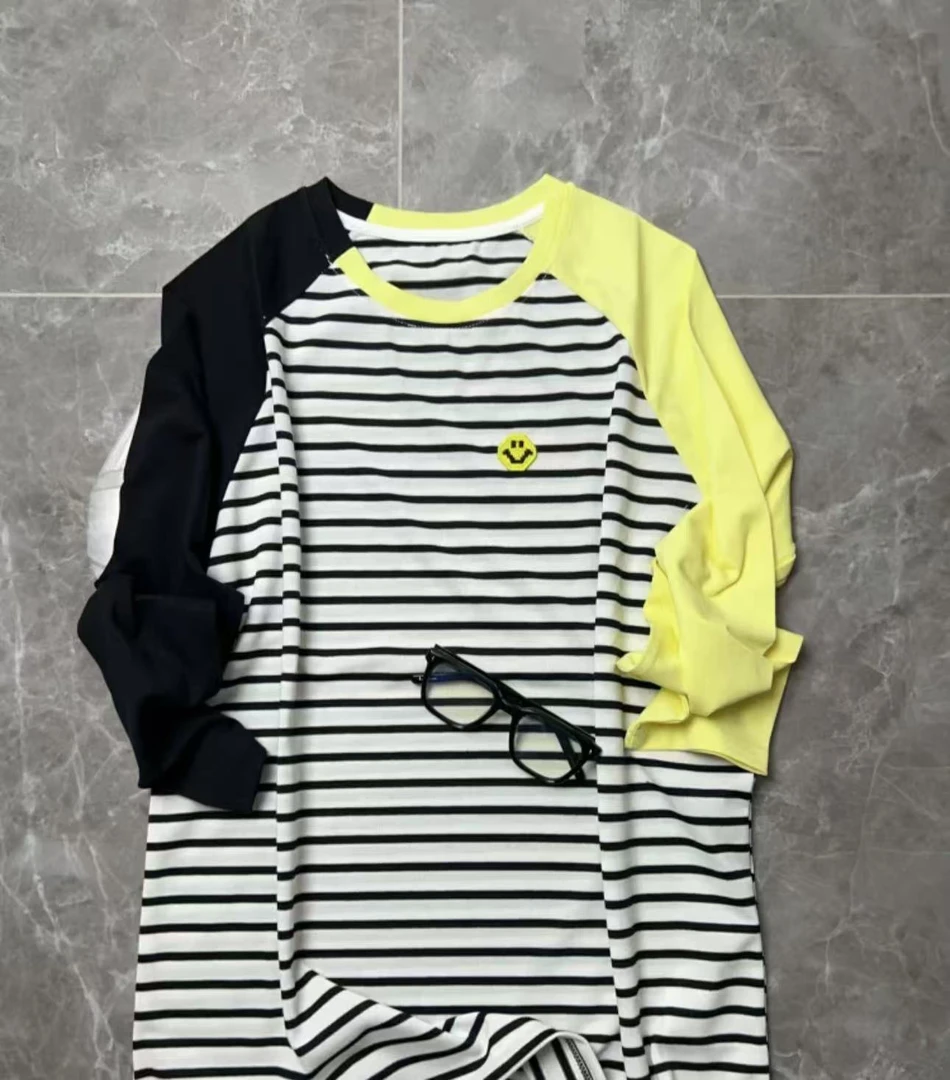 纯欲风宽松修身型百搭条纹拼色女士秋季时尚圆领T恤长袖常规