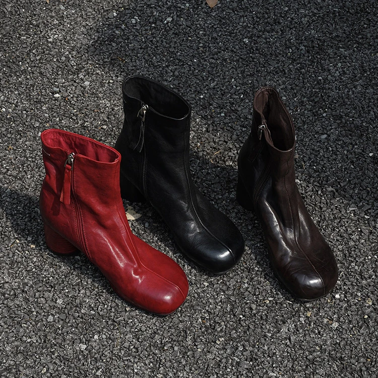 高品质水洗马皮高跟短靴潮复古做旧粗跟女靴百搭红色靴子真皮大底