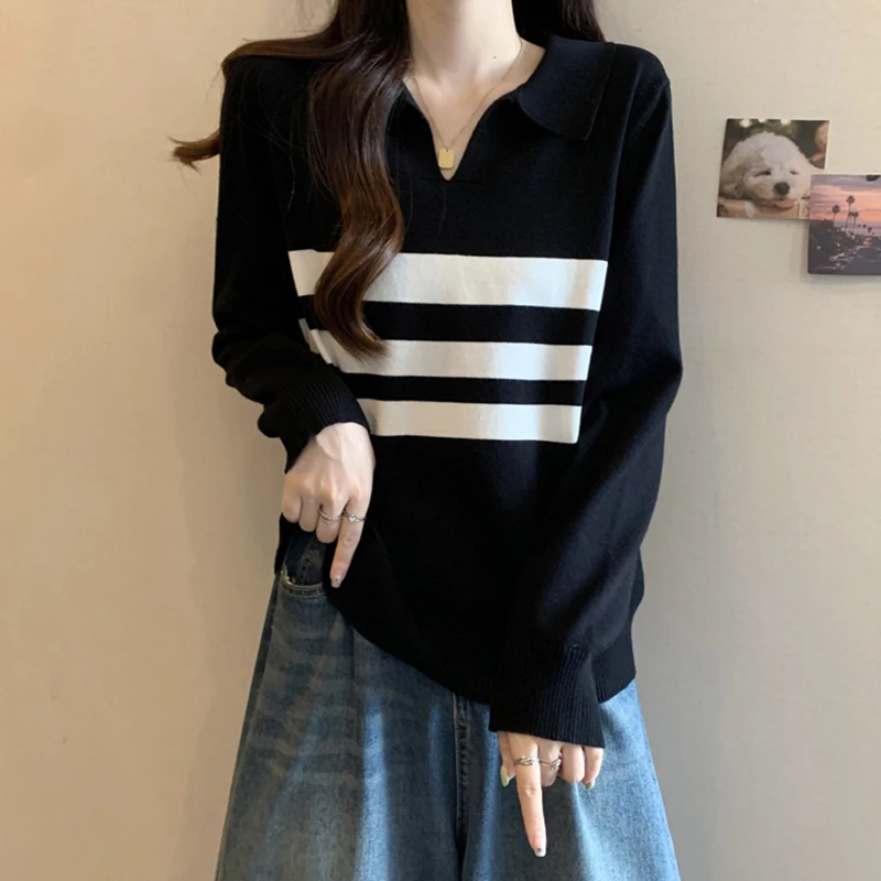 大码V领正肩条纹长袖针织衫女秋冬微胖mm显瘦内搭毛衣打底衫上衣