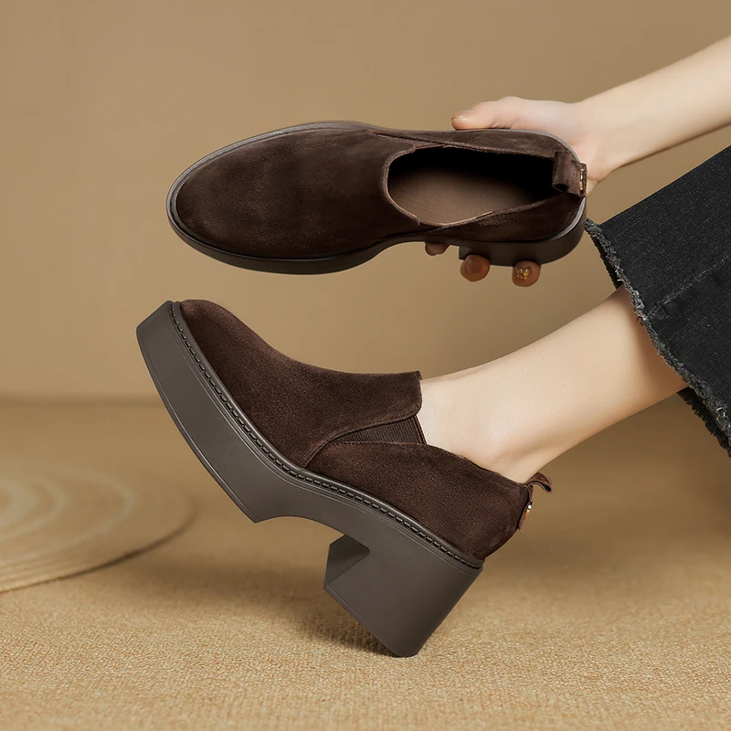 羊皮7cm跟尖头深口四季单鞋厚底增高显瘦舒适防水台秋冬通勤百搭