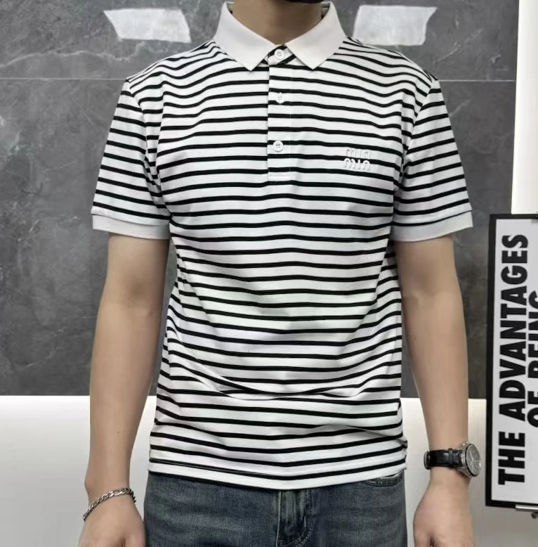 1132夏季新款条纹polo衫时尚百搭轻奢翻领字母刺绣短袖t恤男