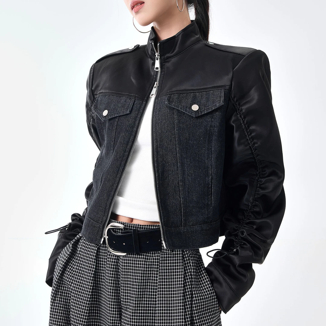 KEN STUDIO秋冬新款黑色外套女牛仔拼接设计休闲显瘦短款夹克上衣