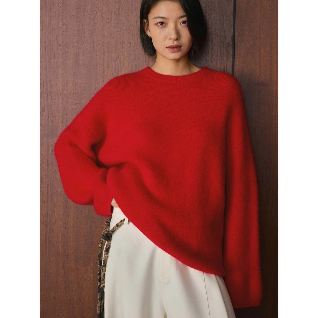 冬季新款韩版简约慵懒莼色浣熊线针织羊毛毛衣圆领保暖上衣女