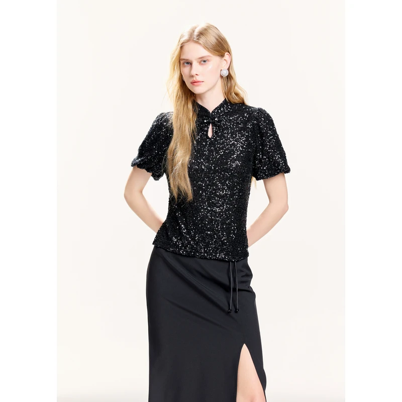 MISSCOCOON【城市幻影】早春新款新中式盘扣亮片泡泡袖雪纺衫