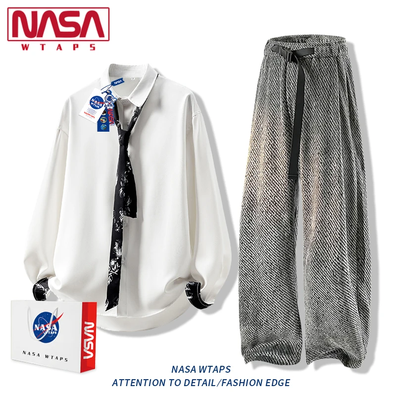 NASA WTAPS冰丝长袖衬衣套装男士夏季宽松百搭休闲裤搭配两件套潮