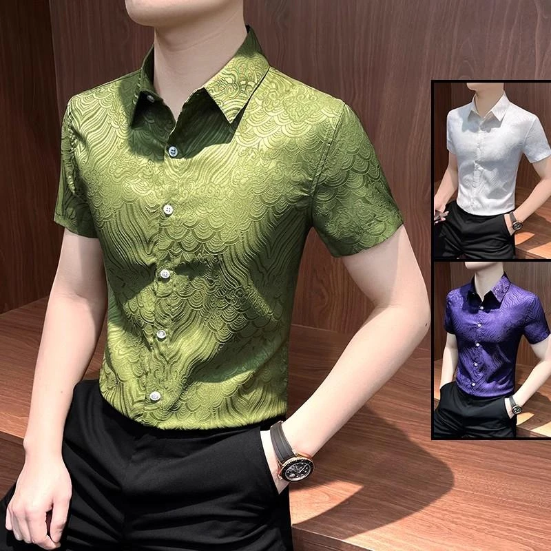 男士国风短袖花衬衫2025夏季新款高级痞帅中国风翻领印花修身衬衣
