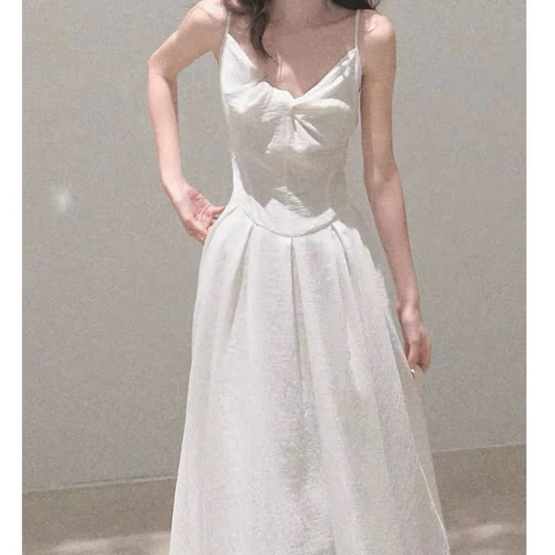 白色轻透穿搭纽结复古吊带连衣裙裙子初恋小白裙三亚海边连衣裙