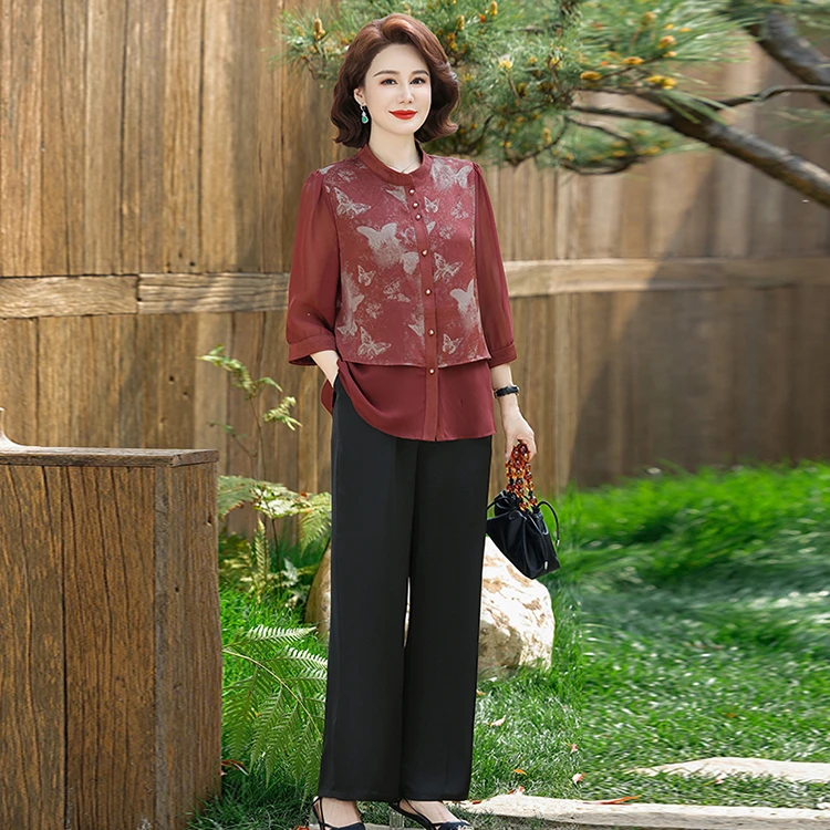 妈妈装夏季套装气质短袖小衫洋气套装新款国风时尚中年妈妈套装