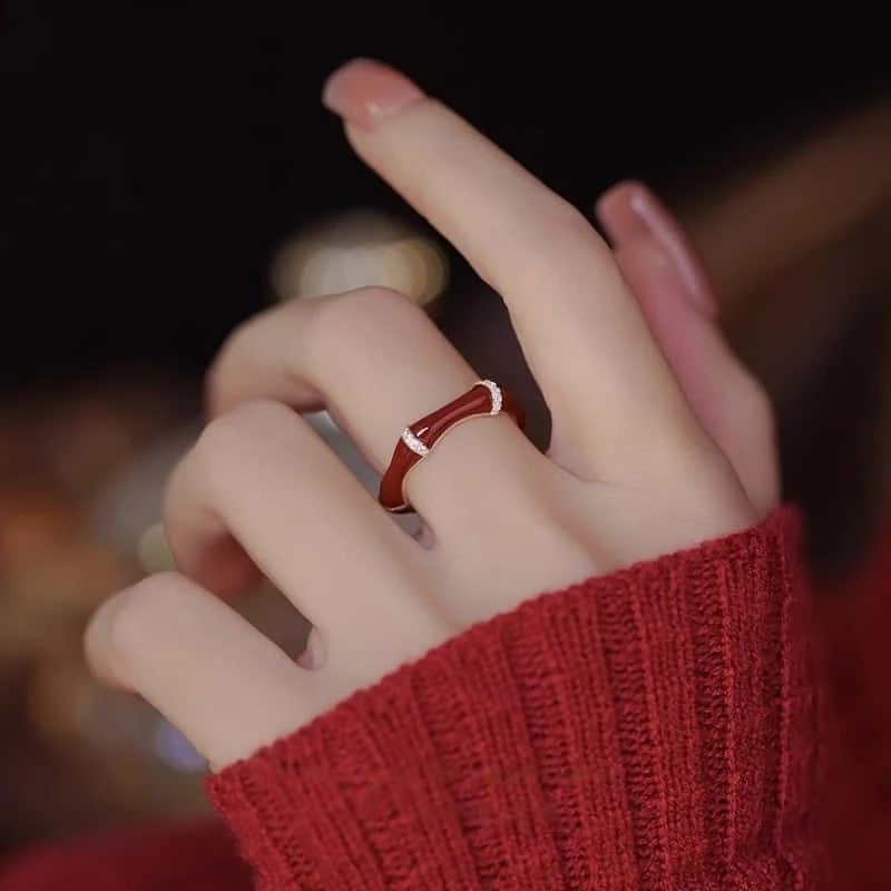 铜合金锆石戒指 安哥拉红滴油锆石戒指复古小众高级感指环食指戒