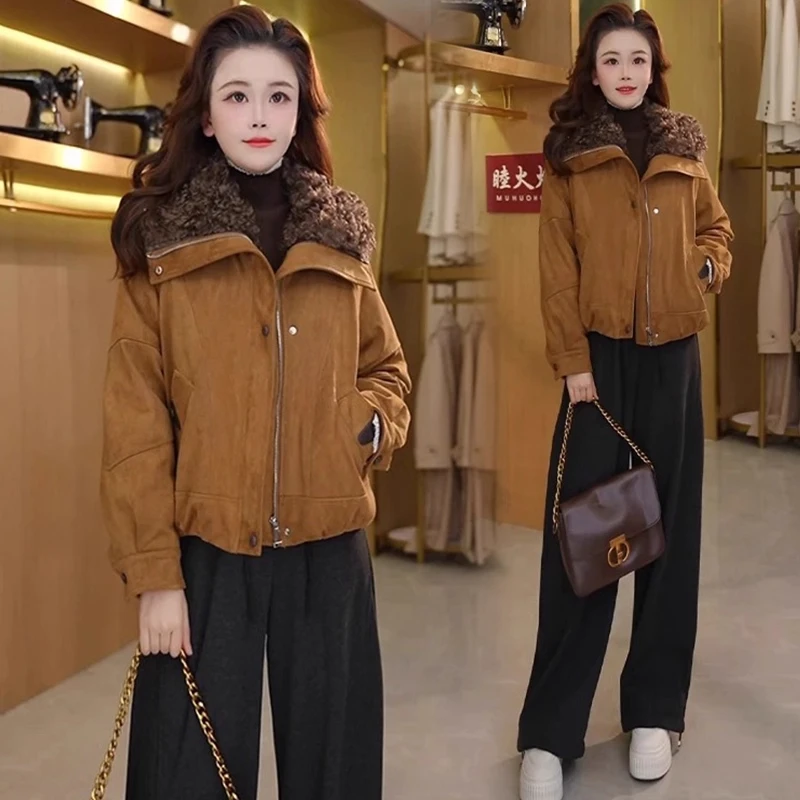 时尚短款棉服女2025冬季新款韩版洋气宽松羊羔毛翻领保暖棉袄外套