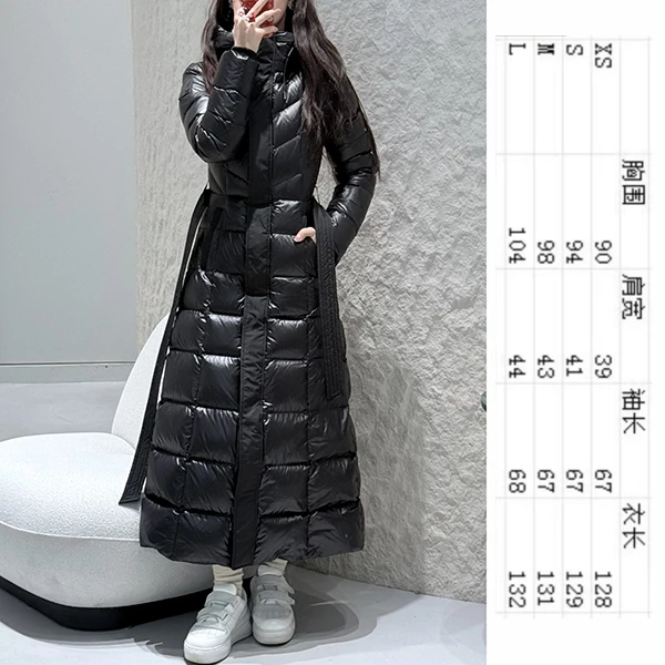 摩登经典腰带保暖超长款羽绒服  时尚网红连帽加厚过膝冬季收腰