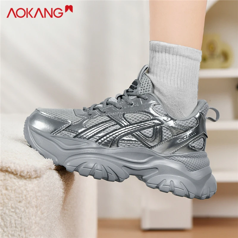 Aokang/奥康2025冬季时尚休闲鞋保暖网面潮流增高厚底耐磨老爹鞋