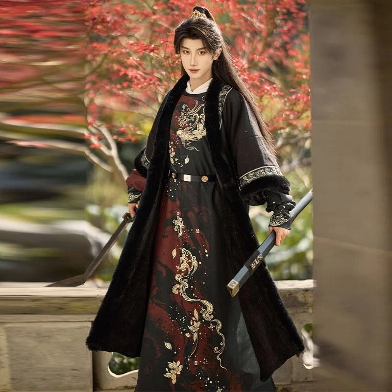 原创汉服男2024新款冬季加绒保暖裘衣斗篷唐制圆领袍男女日常古